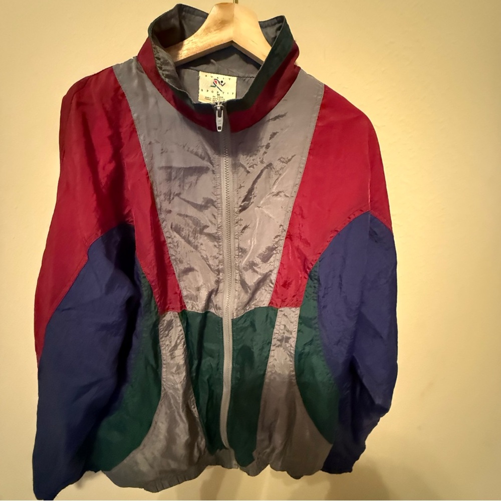 VTG Avait Sportif Mens Windbreaker Jacket Red Gray Color Block Lined Mock Neck M